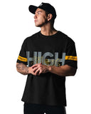 Eyebogler Men Round Neck Graphic Printed Elbow Sleeve Oversized T-Shirt,Black Light MustardApparel,2XL