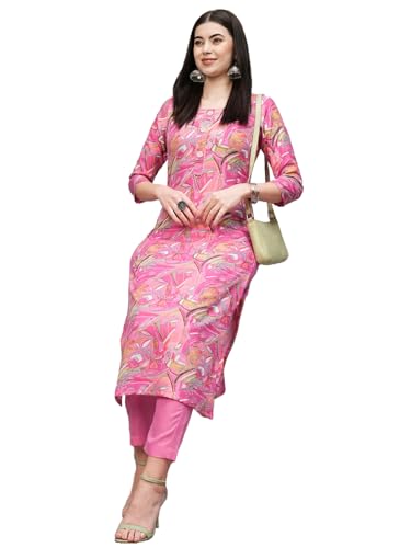 Anni Designer Women'S Cotton Blend Printed Straight Kurta With Pant (Uop_1486_Pink_Small),Pink,S