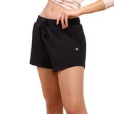 Enamor Essentials Women's Relaxed Fit Mid Rise 100% Cotton Mid-Thigh Length Shorts With Adjustable Waistband & Pockets - E078(E078-Jet Black-M),Jet Black