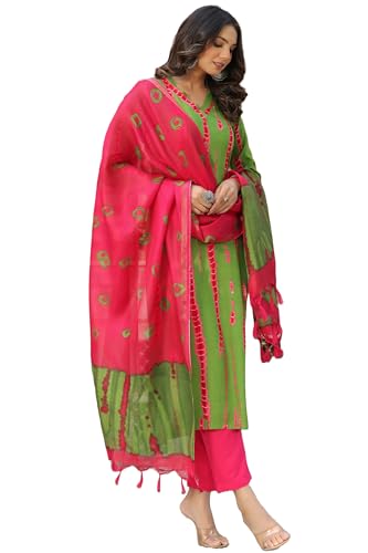 Anni Designer Women'S Rayon Blend Straight Printed Kurta With Pant & Dupatta (Sibori-Methi-Bfv_L_Green_Large),Green,L