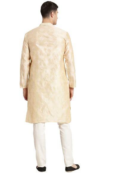 Sojanya (Since 1958 Men'S Jacquard Silk Cream & Self Design Kurta & Off White Churidar Pyjama Set Cream & Gold S
