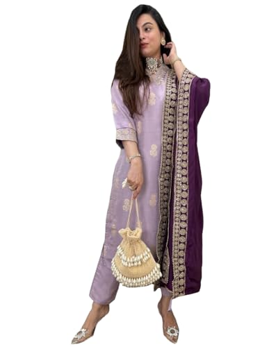 Anni Designer Women'S Rayon Viscose Printed Straight Kurta With Pant & Dupatta (Udh Purple-Vks01_Xxl_Purple_Xx-Large),Purple,2XL