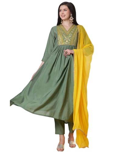 Anni Designer Women'S Rayon Viscose Anarkali Embroidered Kurta With Pant & Dupatta (Padari Green_Xxl_Green_Xx-Large),Green,2XL