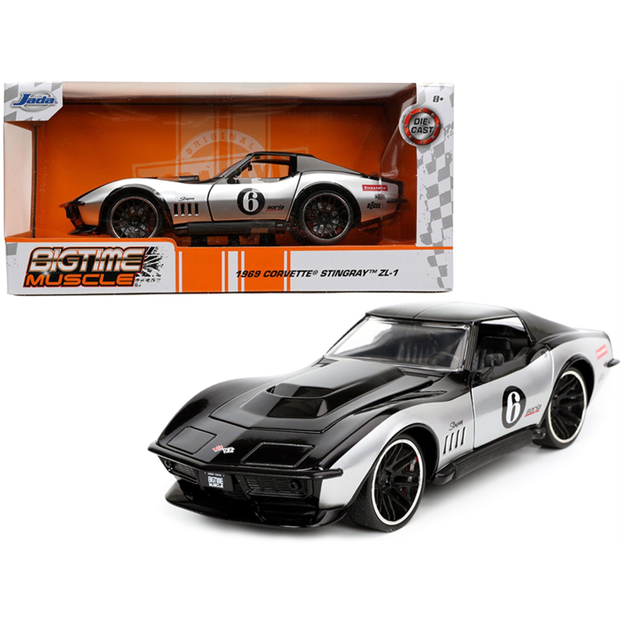1969 Chevrolet Corvette Stingray Zl-1 #6 Black And Silver Bigtime Muscle Series 1/24 Diecast Model Car By Jada