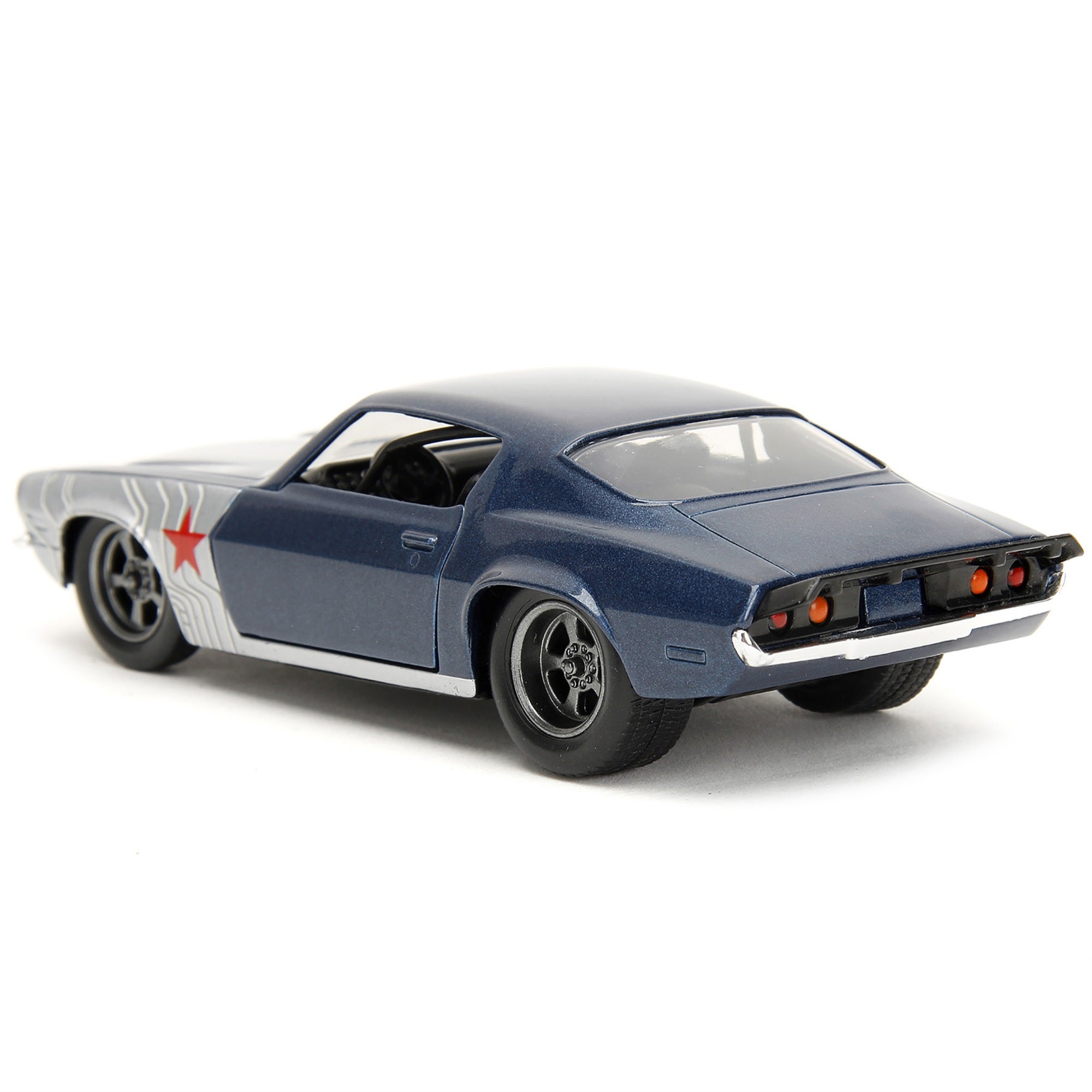 1973 Chevrolet Camaro Dark Blue Metallic With Gray Stripes And Winter Soldier Diecast Figure Marvel Avengers Hollywood Rid