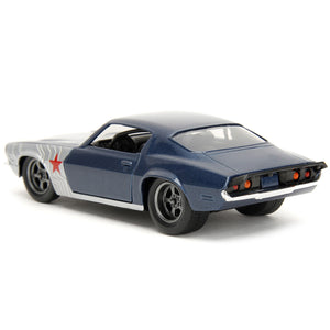 1973 Chevrolet Camaro Dark Blue Metallic With Gray Stripes And Winter Soldier Diecast Figure Marvel Avengers Hollywood Rid