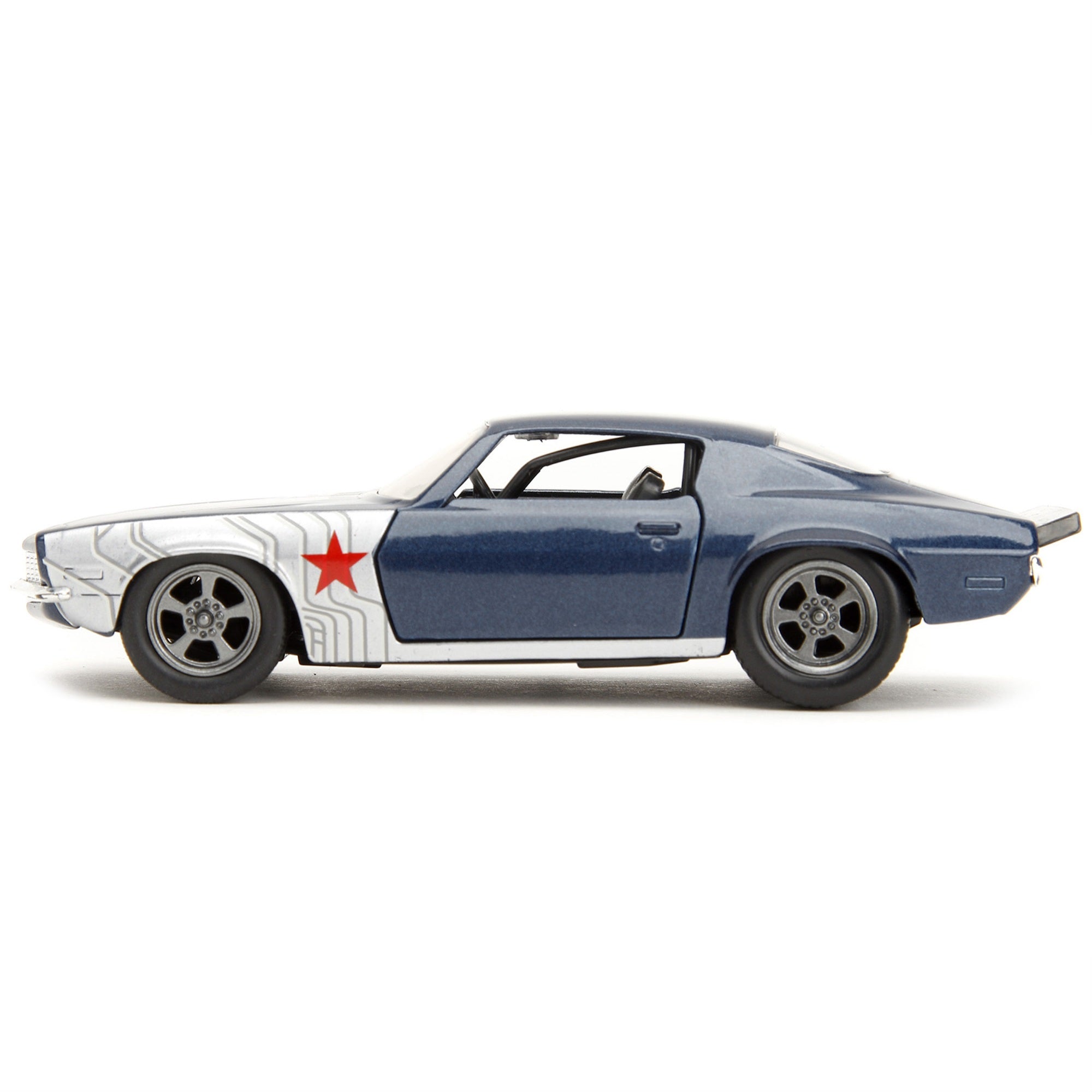 1973 Chevrolet Camaro Dark Blue Metallic With Gray Stripes And Winter Soldier Diecast Figure Marvel Avengers Hollywood Rid