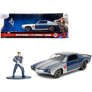 1973 Chevrolet Camaro Dark Blue Metallic With Gray Stripes And Winter Soldier Diecast Figure Marvel Avengers Hollywood Rid