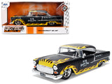 1955 Chevrolet Bel Air BTM Social Club Matt Black with Flames Bigtime Muscle Series 1/24 Diecast Model Car by Jada