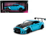 Nissan GTR (R35) Liberty Walk Body Kit 2.0 RHD (Right Hand Drive) Blue with Black Hood Pink Slips Series 1/18 Diecast Model C