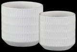Ceramic Cylindrical Pot With Embossed Small Rectangular Strip And Tapered Bottom Set Of Two Matte Finish White