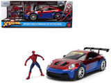Porsche 911 GT3 RS (992) Red and Blue with Graphics and SpiderMan Diecast Figure Marvel SpiderMan Hollywood Rides Series 1