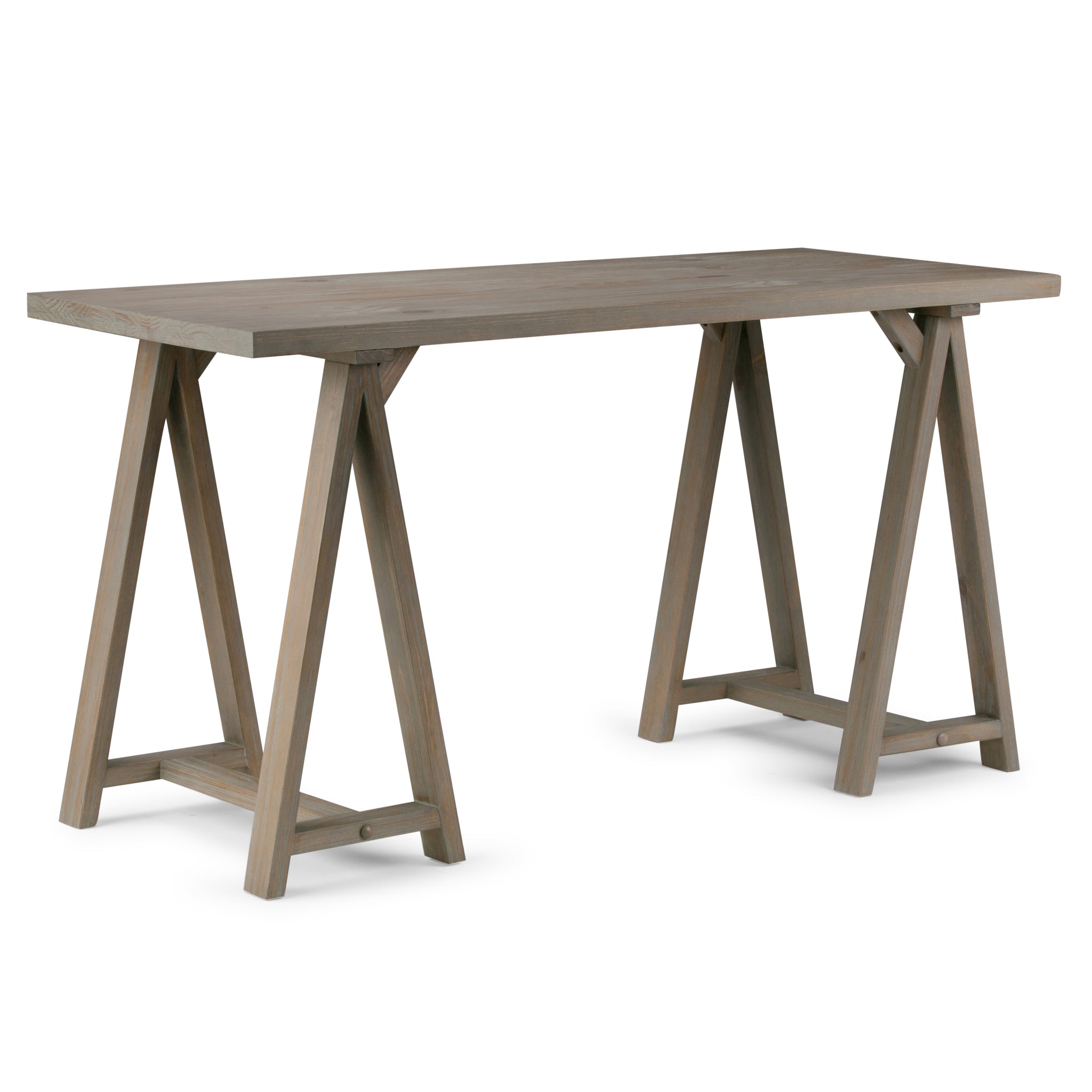 Sawhorse Solid Wood Modern Industrial 56 Inch Wide Writing Desk In Distressed Grey