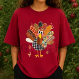 Thanksgiving Patchwork Turkey Mixed Print T-Shirt for Women