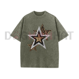 Holafish Celestial Cheetah Acid Wash Tee - Subtle Glitter Leopard Star Crew Neck Streetwear Shirt