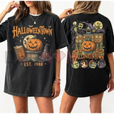 Vintage Pumpkin Witch Double-Sided Washed Tee - 90s Retro Spooky Season Halloween Unisex Graphic T-Shirt
