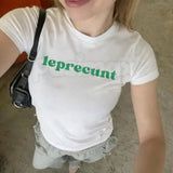 "Leprecunt" St. Patrick's Day Baby Tee - Funny Sassy Irish Graphic Crop Top, Y2K Aesthetic St. Paddy's Shirt, Premium 100% Cotton Lucky Charm Tee, Cheeky Holiday Streetwear, Trendy Green Leprechaun Inspired Top