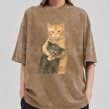 Cat Quarrel Moment T-Shirt – Retro Funny Feline Standoff Graphic Tee, Vintage Washed Lightweight Cotton Unisex Streetwear Top