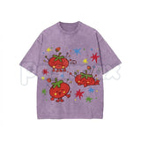 Cute Tomato Party Print T-Shirt – Retro Garden Vegetable Graphic Tee, Lightweight Vintage Washed Cotton Summer Top