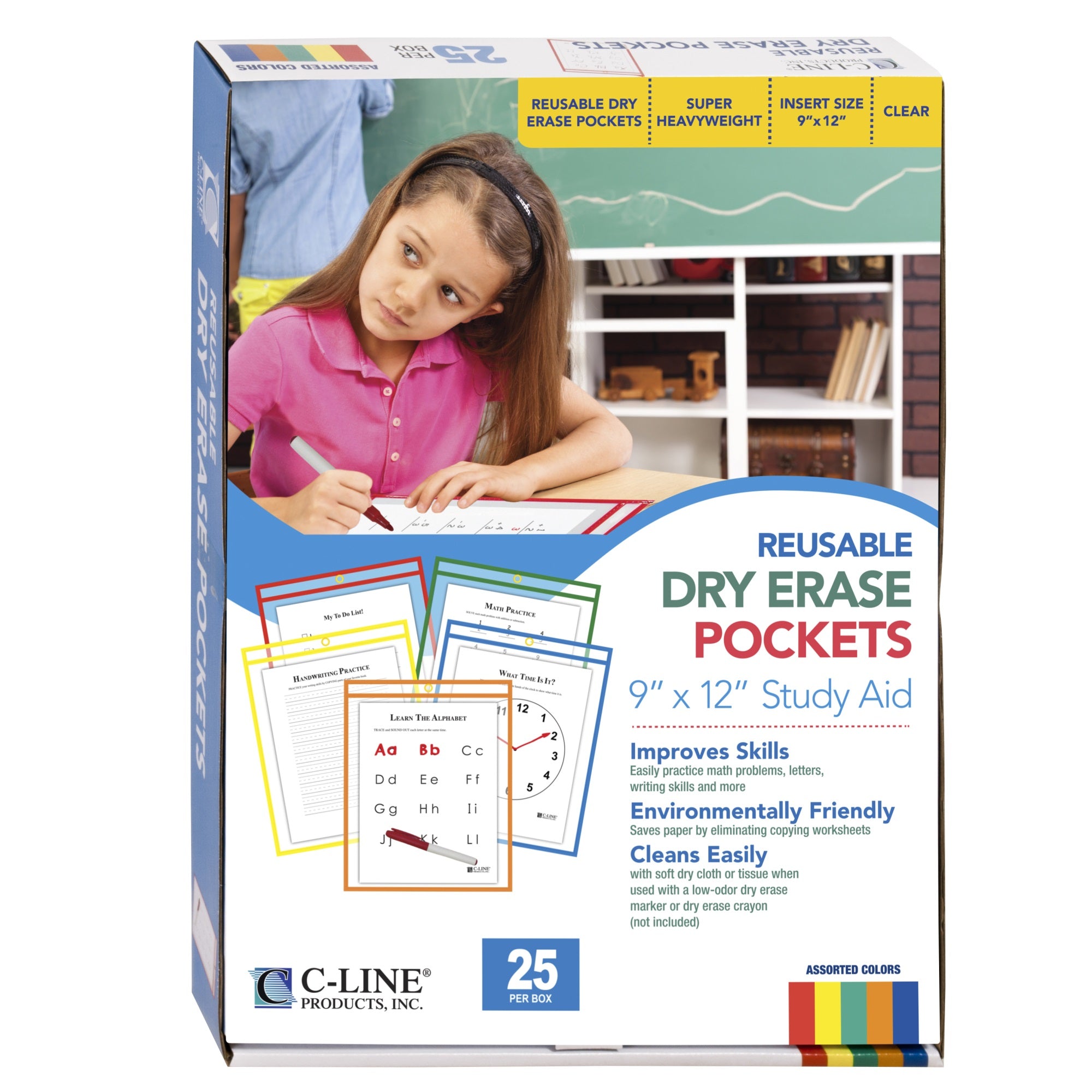 Reusable Dry Erase Pockets, Assorted Primary Colors, 9 X 12, 25/Bx, 40620