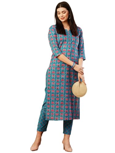 Anni Designer Women'S Cotton Blend Straight Printed Kurta With Pant (Aagmi Blue_M_Blue_Medium),Blue,M