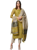 Gosriki Women'S Chanderi Cotton Straight Printed Kurta With Pant & Dupatta (Stamp Green-Gs_S_Green_Small),Green,,B0CGD5QLY6