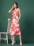 Oomph! Women'S Western & Fusion Wear Printed Crepe Dress For Women Smocked Bodice Red - Md1050,Scarlet Red,Scarlet Red,S