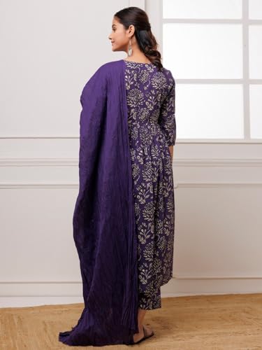Anni Designer Women'S Cotton Blend Anarkali Printed Kurta With Pant & Dupatta (Dabu Violet_Xl_Violet_X-Large),Violet,XL,Cotton Blend,DABU VIOLET_008,