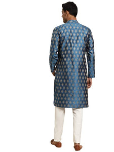 Sojanya (Since 1958 Men'S Silk Blend Peacock Blue & Gold Booti Jacquard Only Long Kurta Peacock Blue & Gold Xl