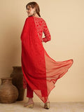Anni Designer Women'S Cotton Blend Straight Printed Kurta With Pant & Dupatta (Lashya Red_S_Red_Small),Red,S,Cotton Blend,Regular,