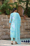 Anni Designer Women'S Cotton Blend Straight Printed Kurta With Pant & Dupatta (Sohini Blue-Nw_S_Blue_Small),Blue,S,Cotton Blend,Regular,