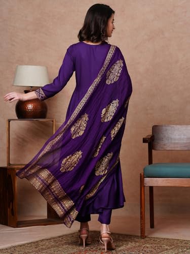 Anni Designer Women'S Rayon Blend Solid Anarkali Kurta With Pant & Dupatta (Magic-Violet-Nb_Xl_Violet_X-Large),Violet,XL,Rayon Blend,Anarkali,Kurta, Scarf
