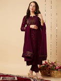 Gosriki Women'S Cotton Blend Straight Printed Kurta With Pant & Dupatta (Nov Wine-Gs_S_Wine_Small),Wine,,B0D9WFKKCD