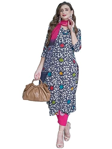 Anni Designer Women'S Cotton Blend Straight Printed Kurta With Pant & Dupatta (Tingu Blue_S_Blue_Small),Blue,S