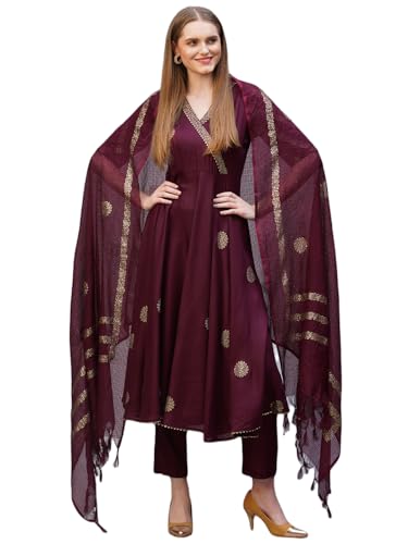 Anni Designer Women'S Rayon Blend Printed Anarkali Kurta With Pant & Dupatta (Berlin Wine-Nb_3Xl_Wine_Xxx-Large),Wine,3XL