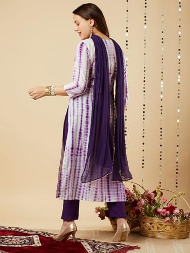Anni Designer Women'S Cotton Blend Straight Printed Kurta With Pant & Dupatta (Tiedye-Begani_3Xl_Violet_Xxx-Large),Violet,3XL,Cotton Blend,Regular,Dupatta