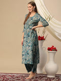 Anni Designer Women'S Cotton Blend Straight Printed Kurta With Palazzo (Kanjirang Blue-Nj_M_Blue_Medium),Blue,M,Cotton Blend,Regular,