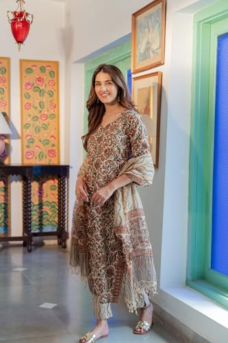 Gosriki Women'S Rayon Blend Straight Printed Kurta With Pant & Dupatta (Sense Beige-Gs_L_Beige_Large),Beige,,B0DBM1W1HJ