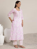 Libas Womens Printed Cotton Straight Kurta With Trousers And Dupatta Lavender L 400087O
