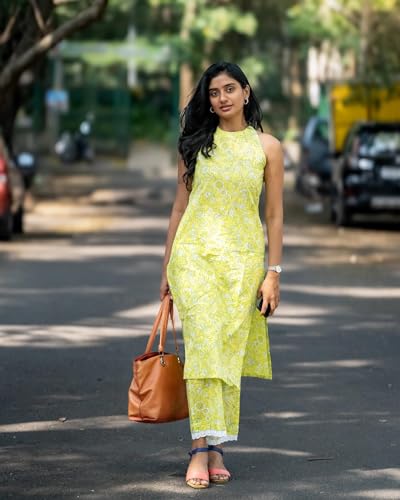 Anni Designer Women'S Rayon Blend Straight Block Printed Kurta With Pant (Lemon-Lime_Xl_Green_X-Large),Green,XL,Rayon Blend,Regular,