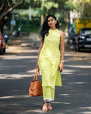 Anni Designer Women'S Rayon Blend Straight Block Printed Kurta With Pant (Lemon-Lime_L_Green_Large),Green,L,Rayon Blend,Regular,