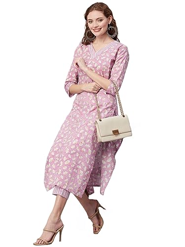 Anni Designer Women'S Cotton Blend Printed Straight Kurta With Pant (Mush Purple_Xl_Purple_X-Large),Purple,XL
