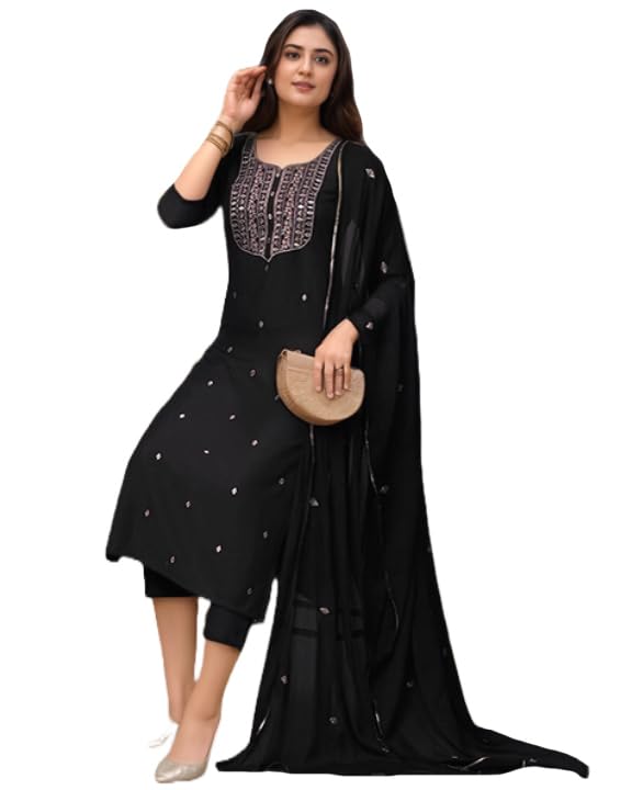 Anni Designer Women'S Rayon Viscose Straight Embroidered Kurta With Pant & Dupatta (Kasturi Black-Vks04_Xl_Black_X-Large),Black,XL