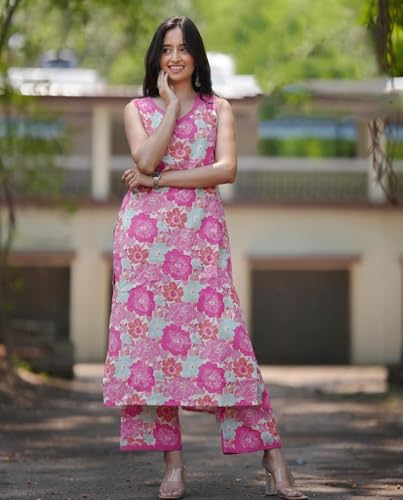 Anni Designer Women'S Cotton Blend Straight Printed Kurta With Palazzo (Dindara Pink_S_Pink_Small),Pink,S,Rayon Blend,Regular,