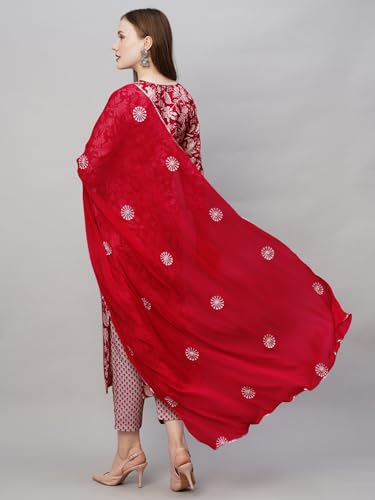 Anni Designer Women'S Cotton Blend Straight Printed Kurta With Pant & Dupatta (Mei Red-Nw_Xxl_Red_Xx-Large),Red,2XL,Cotton Blend,Regular,