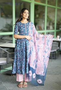 Anni Designer Women'S Cotton Blend Anarkali Printed Kurta With Pant & Dupatta (Nina Kerocin_Xl_Blue_X-Large),Blue,XL,Rayon Blend,Anarkali,