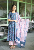 Anni Designer Women'S Cotton Blend Anarkali Printed Kurta With Pant & Dupatta (Nina Kerocin_Xl_Blue_X-Large),Blue,XL,Rayon Blend,Anarkali,