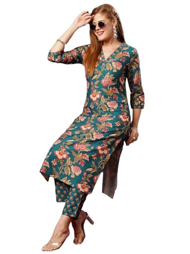 Gosriki Women'S Cotton Blend Straight Printed Kurta With Pant (Paresh Rama-Gs_M_Green_Medium),Rama Green,,B0D73XTHSF