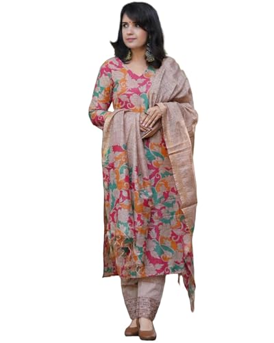 Anni Designer Women'S Cotton Blend Straight Printed Kurta With Pant & Dupatta (Candy Beige_L_Beige_Large),Beige,L