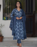Anni Designer Women'S Rayon Blend Anarkali Printed Kurta With Pant & Dupatta (Tithi Blue_L_Blue_Large),Blue,L,Rayon Blend,Anarkali,Kurta, Scarf